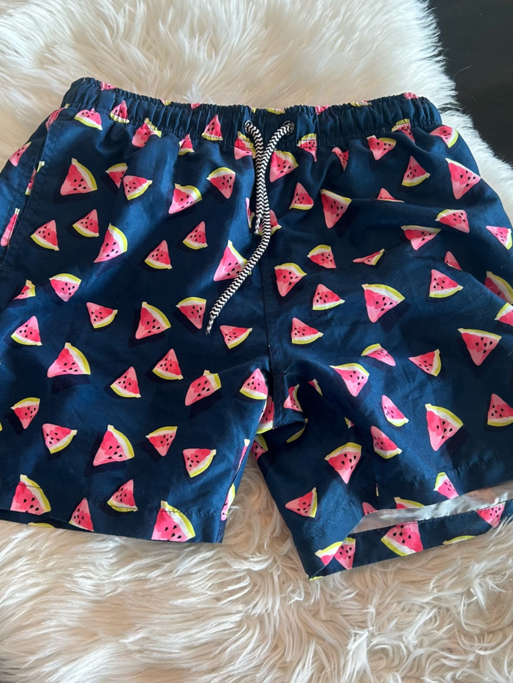 Franks Navy Swim Trunks with Pink Watermelon Motif